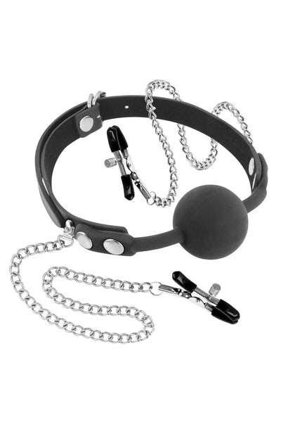 Кляп з силіконовою кулькою і затискачами для сосків Fetish Tentation Gag Ball with Nipple Clamps - фото 1