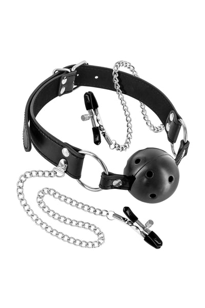 Воздухопроницаемый кляп Fetish Tentation Rigid Gag Ball with Nipple Clamps - фото 1