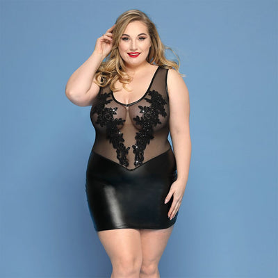 Main image for product index 1: Элегантное платье JSY «Леди София» Plus Size, black, мелкая сетка, вышивка, экокожа