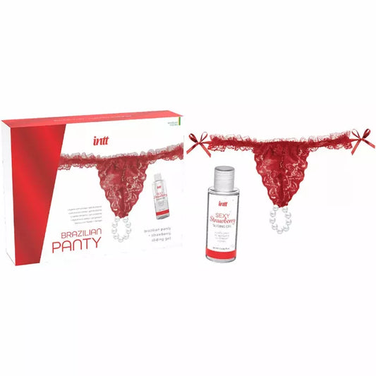 Набір Intt BRAZILIAN PANTY: трусики на зав’язках з перлинним кільцем + полунична змазка