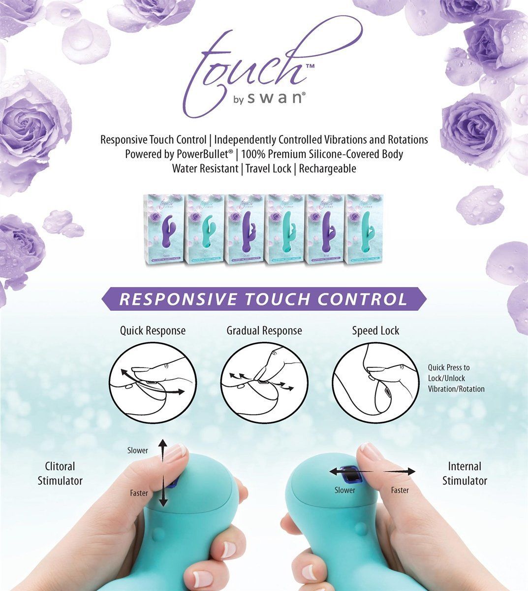 Thumb image for product index 8: Вібратор-кролик з сенсорним управлінням і ротацією Touch by SWAN - Duo